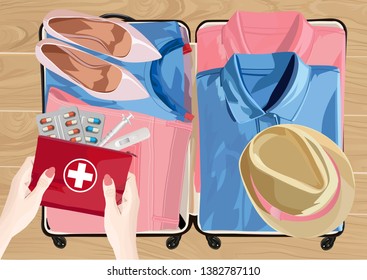 Open suitcase fully packed with folded women's clothing and accessories on the floor. Vector illustration. Isolated on a white background.