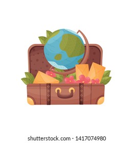 Open suitcase with a globe inside. Vector illustration on white background.