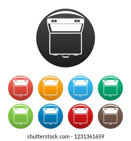 Open suitcase icons set 9 color vector isolated on white for any design