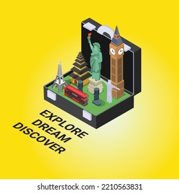 Open suitcase with landmarks - travel concept 3d isometric vector illustration concept for banner, website, landing page, ads, flyer template