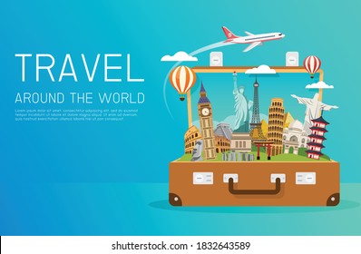 Open suitcase with landmarks. world bag and attraction. travel around the world. Road trip. Tourism and vacation. vector illustration in flat style modern design.