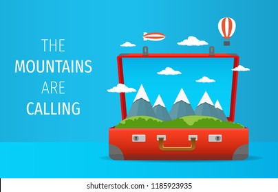 Open suitcase with mountains calling for journey and discover. Travelling illustration vector