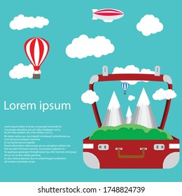 Open suitcase with mountains calling for journey and discover. Travelling illustration vector. Copy space for your text