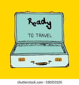 Open suitcase on yellow background. Vector illustration with hand lettering