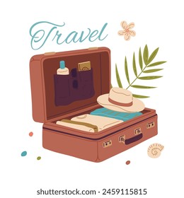 Open suitcase with packed clothes for travel vector illustration. Case voyage accessory for summer holiday. Cartoon things in luggage sun hat, clothes, tube, book. Tourism event