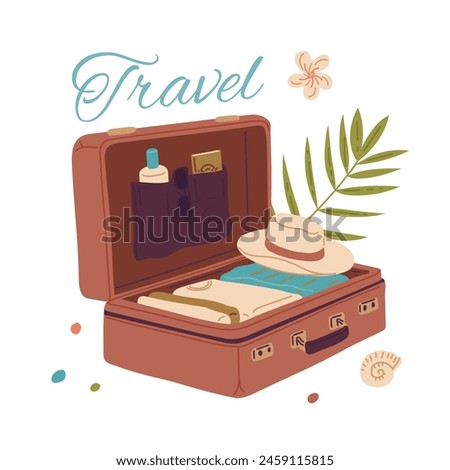 Open suitcase with packed clothes for travel vector illustration. Case voyage accessory for summer holiday. Cartoon things in luggage sun hat, clothes, tube, book. Tourism event