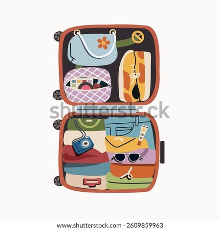 Open suitcase with packed clothes for travel in top view. Camera, clothing, shoes, cosmetics and accessories. Vector flat cartoon illustration