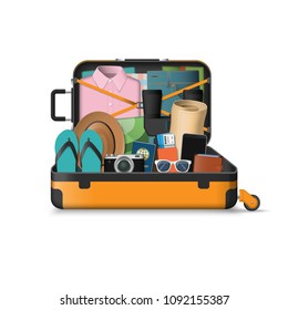 Open Suitcase Packed For Travel. Summer Vacation Concept. Vector Illustration