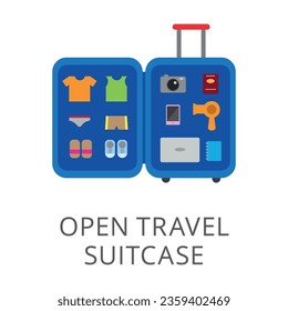 Maleta abierta del pasajero con el icono de vectores plana de la ropa. Dibujo de dibujos animados o ilustración del símbolo de viajar sobre fondo blanco. Viajar, vacaciones, turismo, concepto de recreación
