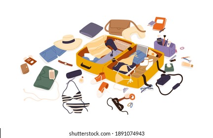 Open suitcase with scattered female travel accessories, clothes and documents vector flat illustration. Composition of preparation to trip or summer vacation isolated. Luggage or baggage packing