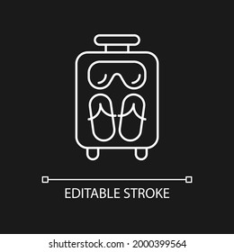 Open suitcase for summer vacation white linear icon for dark theme. Amenity to bring to sea resort. Thin line customizable illustration. Isolated vector contour symbol for night mode. Editable stroke