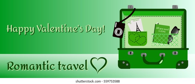 Open suitcase with things for romantic vacation