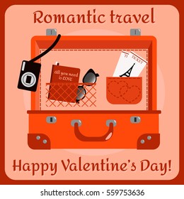 Open suitcase with things for romantic vacation