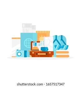 Open suitcase with things for travel or vacation on white background. Set of things for travel. Vector flat design illustration.