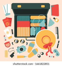 Open suitcase with things for travel.Tour of the sea.A set of objects for travel.Glasses, sunscreen, passport, tickets, clothing, swimsuit, cosmetics, jewelry, medications.Flat vector illustration