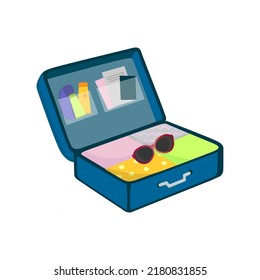 viaje en maleta abierta con ropa.vector