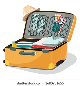 Open suitcase and travel stuff. Luggage bag with passport, tickets, slippers, clothes, hat and sunblock. Hand drawn vector illustration isolated on white background. Cartoon style.