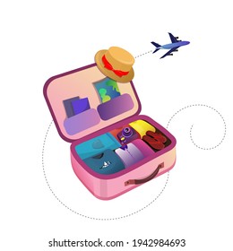 Open suitcase with traveler's belongings on white isolated background, side view.  Vector illustration 