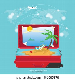 Open suitcase with a tropical island inside on a world map background