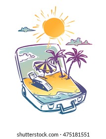 Open suitcase with a tropical paradise vacation. Hand drawn illustration