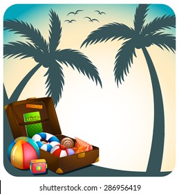 Open suitcase with vacation accessories under coconut trees