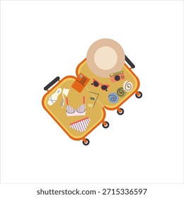 Mala aberta com roupas e acessórios de férias, bagagem de viagem embalada, mala de férias com roupas de verão, mala de viagem pronta para viagem, essenciais de turismo, preparação da viagem e aventura