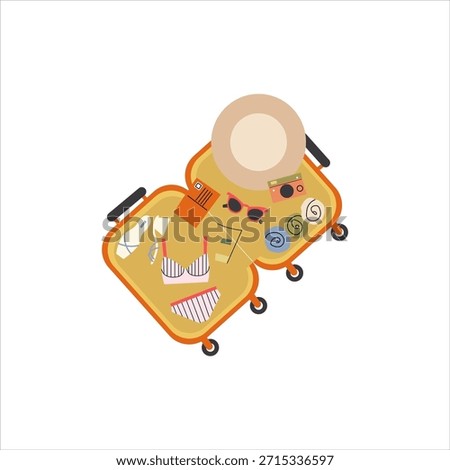 Open suitcase with vacation clothes and accessories, packed travel luggage, holiday suitcase with summer outfits, traveler bag ready for trip, tourism essentials, journey preparation and adventure