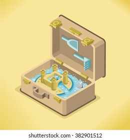 Open suitcase with water sandcastle, shovel and rake (isometric view)
