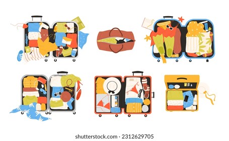 Open suitcases and bags set vector illustration. Cartoon isolated hand baggage of tourists collection with top view of luggage, folded and messy clothes, scattered things and beach accessories