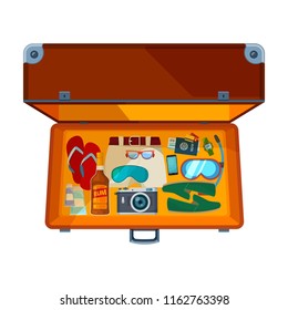 Open suitcases. Illustration of open suitcase with various clothes for vacation. Travel suitcase for vacation holiday, open box for journey trip vector