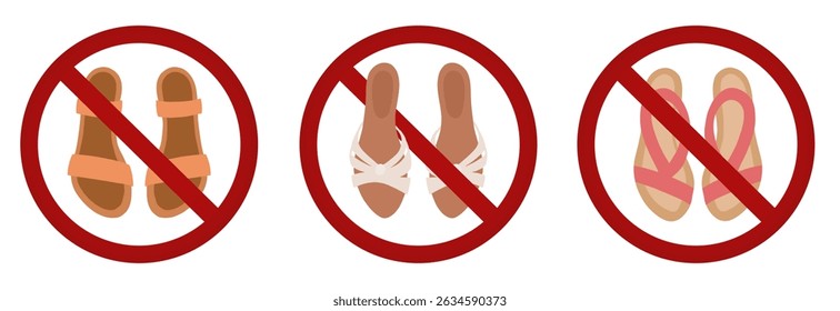 Open summer shoes are prohibited. Collection of prohibitory signs with women's shoes. Summer shoes are prohibited. Signs for stickers and banners