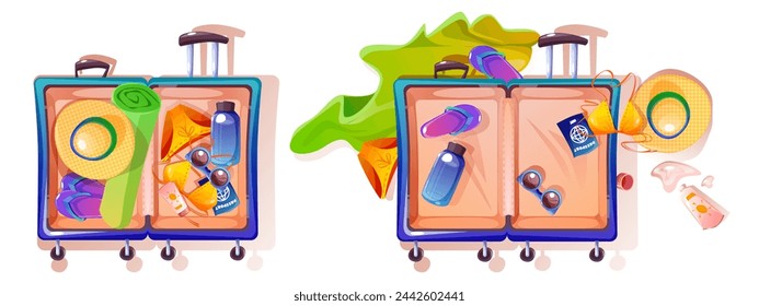 Open summer vacation suitcase top view isolated on white background. Vector cartoon illustration of baggage packed in order and mess, bikini swimsuit, straw hat, passport, sunscreen, beach sandals