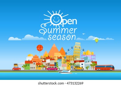 Open sunner season concept. Asia cityscape Vector travel illustration 