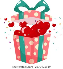 Open Surprise Gift Box With Heart Inside. Vector illustration for Valentine's day surprise and romantic concept.