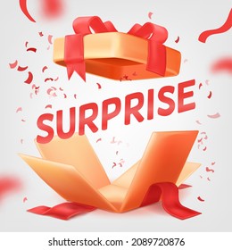 Open Surprise Sale. 3d Gift Box Discount Offer, Christmas Birthday Present Package, Ribbon Falling, Boom Confetti Banner, Wrap Bow, Happy Celebration, Vector Illustration. Gift Box Surprise To Sale