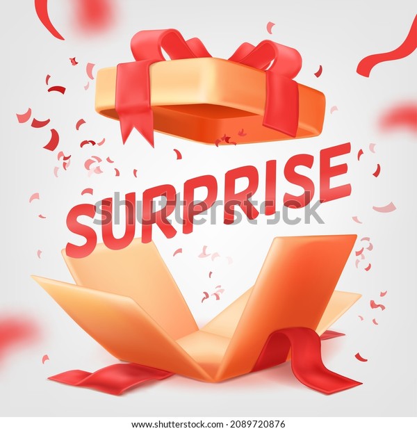 Open surprise sale. 3d gift box discount offer,\
christmas birthday present package, ribbon falling, boom confetti\
banner, wrap bow, happy celebration, vector illustration. Gift box\
surprise to sale