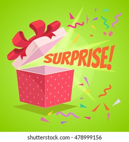 Open surprise text gift box. Vector flat cartoon illustration