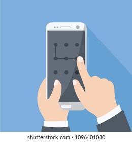 open, swipe & slide mobile security vector modern concept. enter pass code screen isolated graphic. points code on creative cell phone touch. business man hand holding smart phone flat design cartoon
