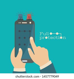 open, swipe slide mobile security vector concept. enter pass code screen isolated. creative cellphone alarm touch. hand holding smart phone. flat design siren light police. art full protection cartoon