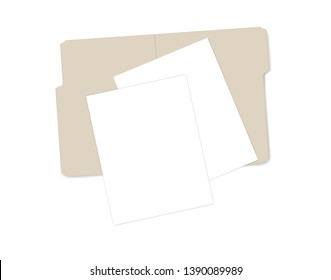 Open tab file folder and paper sheets isolated on white background, vector mockup.