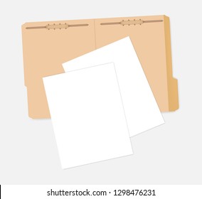 Open tabbed kraft file folder with interior document holder and sheets of paper, vector mock-up.