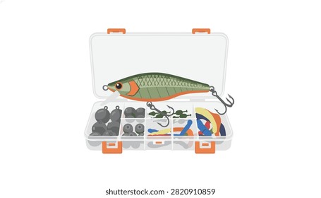 Open tackle box containing a green fishing lure surrounded by diverse fishing weights and colorful soft plastic baits.
