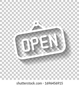 Open tag or label for shop, outline design. White icon with shadow on transparent background