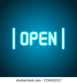 Open tag or label for shop, outline design. Neon style. Light decoration icon. Bright electric symbol
