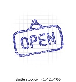 Open tag or label for shop, outline design. Hand drawn sketched picture with scribble fill. Blue ink. Doodle on white background