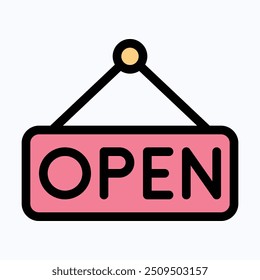 Icono de Vector de etiqueta abierta, tiempo de apertura, Icono de horario de apertura. Icono de Vector de color lineal aislado.