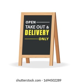 Open take out and delivery only on the black chalkboard standing. flat design vector illustration isolated on white background