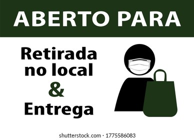 open for takeaway and delivery only, sign containing a character wearing protective face mask, a bag, and the phrase open for takeaway and delivery only, written in Portuguese, vector illustration.