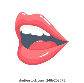 Open talking female mouth isolated on white background, front side view. Flat vector illustration