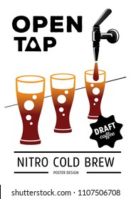 open tap nitro coffee poster flat style vector illustration with nitro coffee with glass ,coffee, coffee drop and tap svg